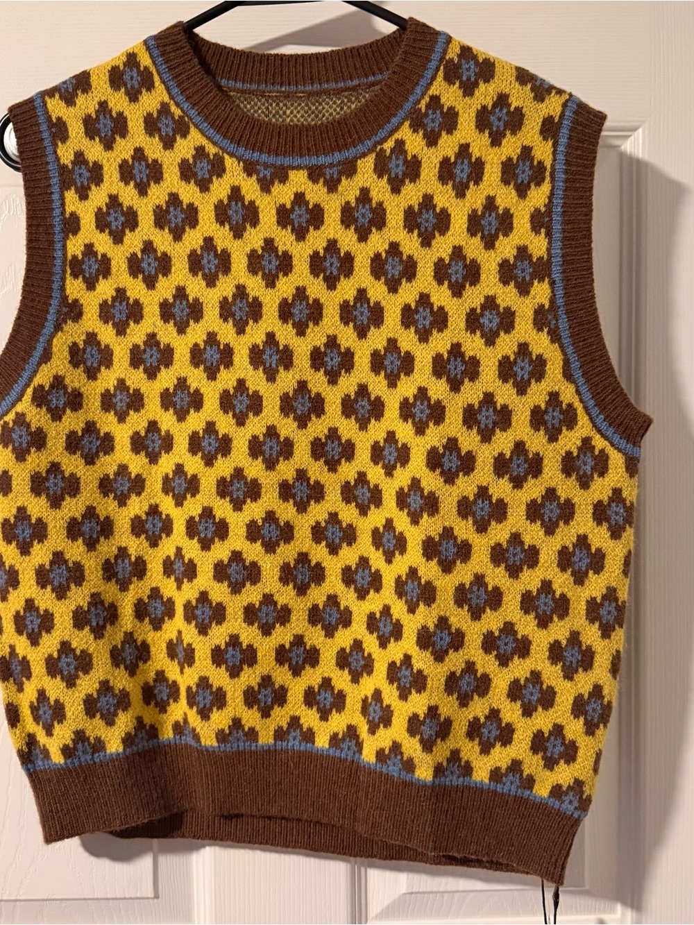 Cider Yellow Floral Knit Sweater Vest with Brown & Blue Trim